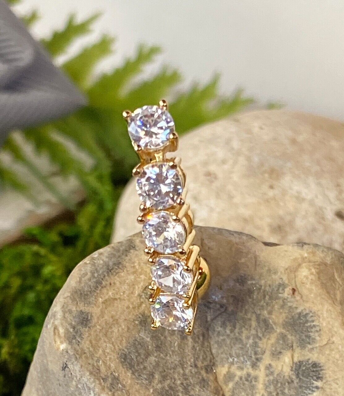 1pc Five CZ Gem Vertical Drop Belly Ring Reverse Navel Top Down Naval