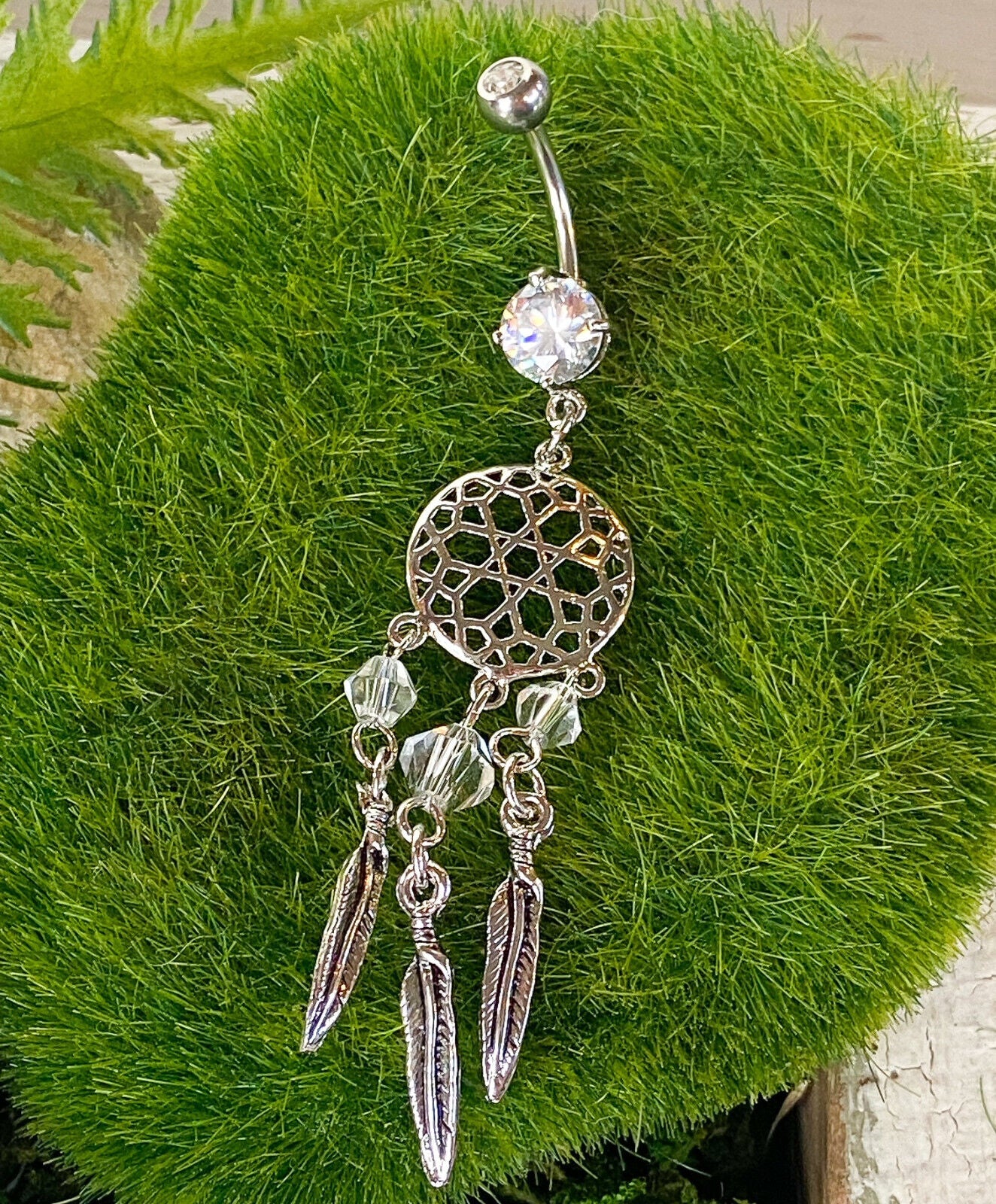 Dream Catcher Beaded Feather CZ Gem Belly Ring Pierced Navel Clear, Pink, Aqua