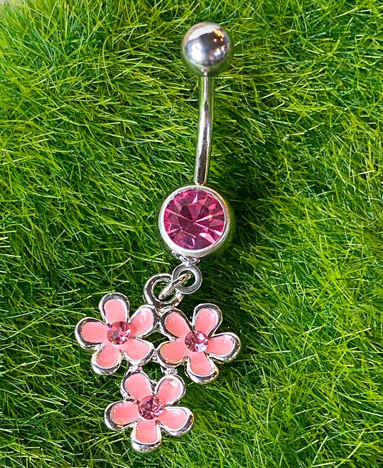Triple Epoxy Flower CZ Gem Dangle Belly Ring Pierced Navel Pink, White