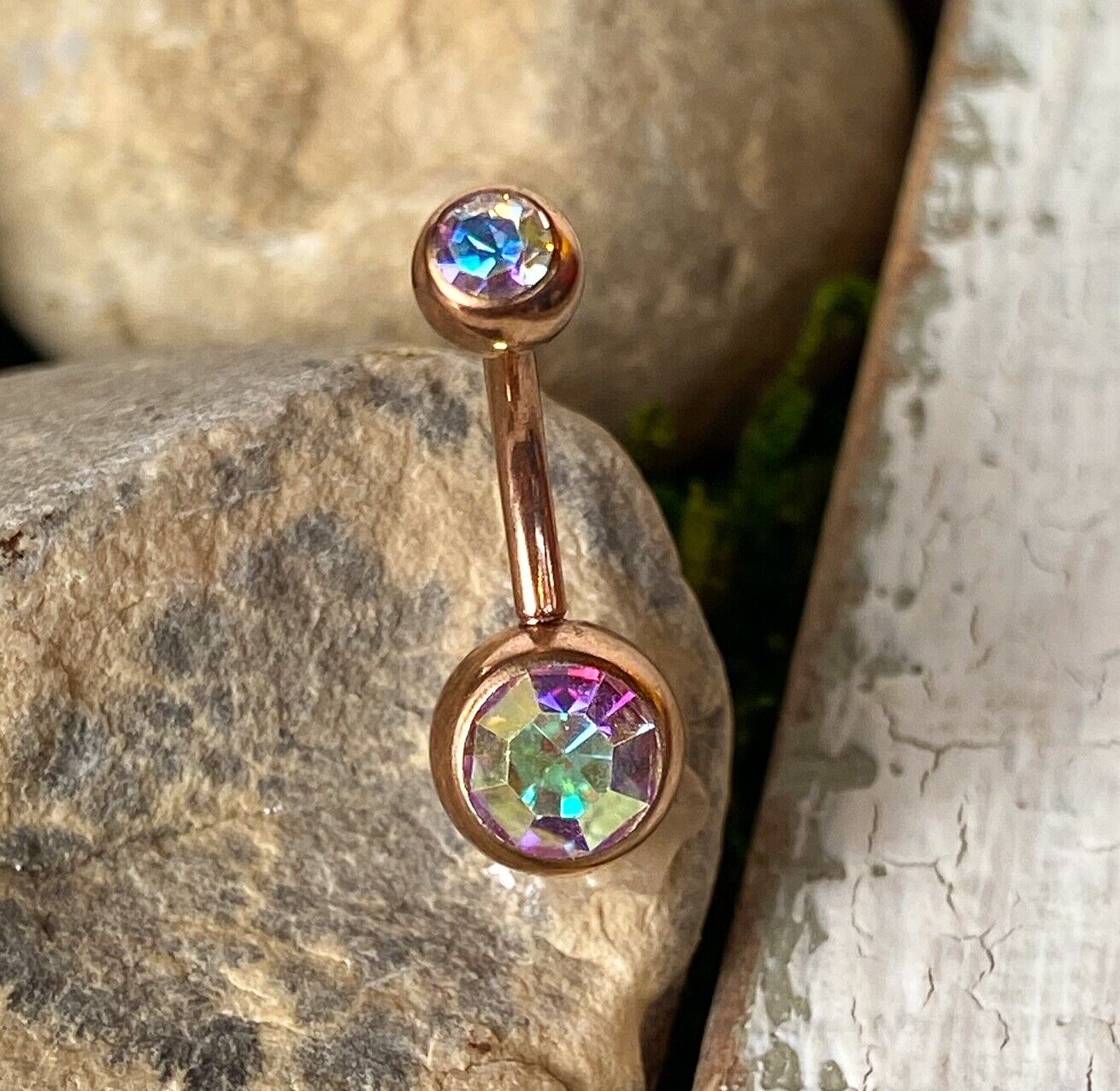 Rose Gold Plated Steel Double CZ Gem Ball Belly Ring Pierced Navel Naval