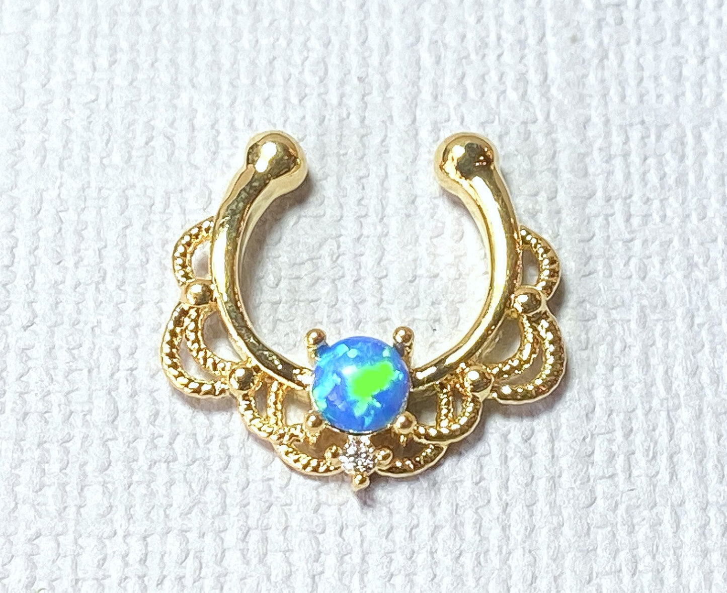 1pc NON-Pierced 14k Gold Plated Lacey Single Opal Septum Fake Clip-on Nose Ring