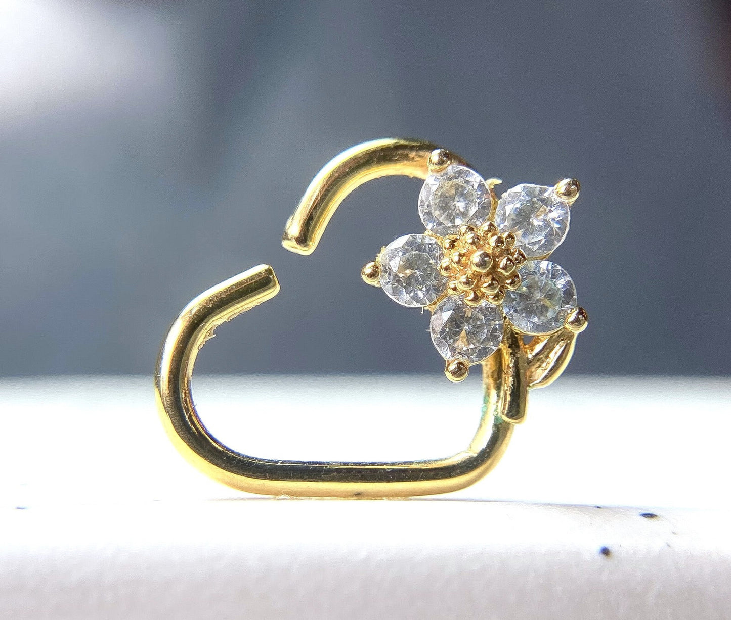 1pc Heart Bendable Ear Cartilage Daith Hoop Ring w/ Prong Set CZ Gem Flower