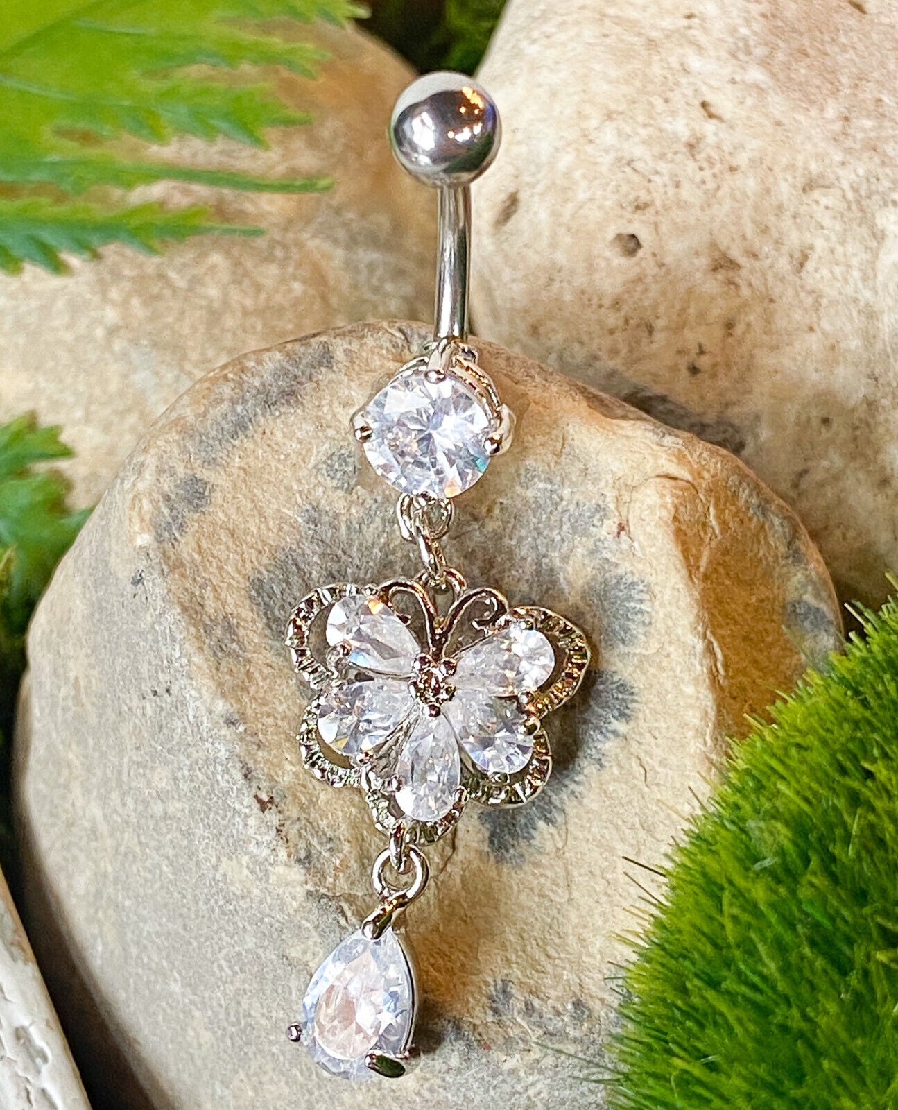 Butterfly CZ Gem Belly Ring Navel Naval Teardrop Dangle Clear, Mulitcolor