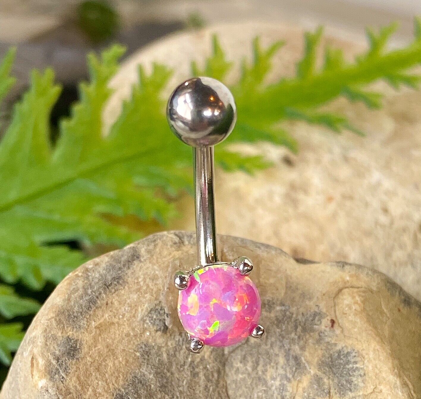 Solitaire Opal Stone Belly Ring Pierced Navel Rose Gold, Blue, Green, Pink