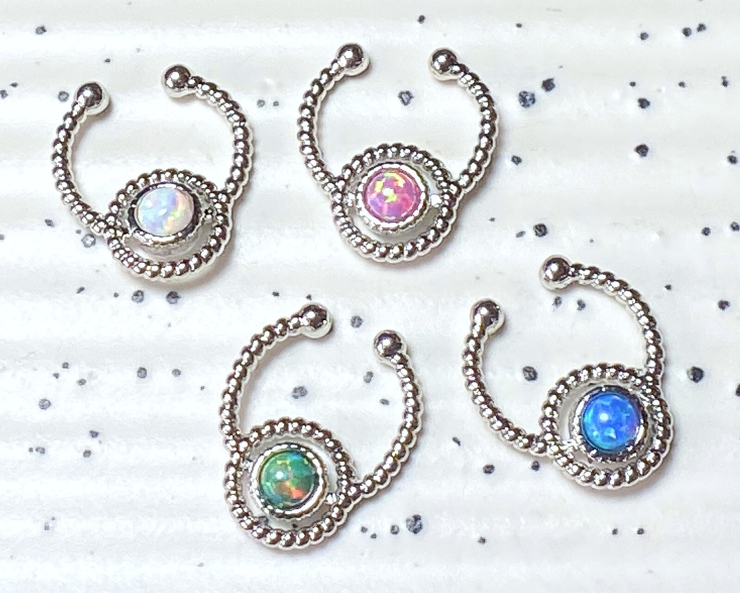 1pc NON-Piercing Silver Roped Circle Design Septum Hanger Opal Gem Fake Ring