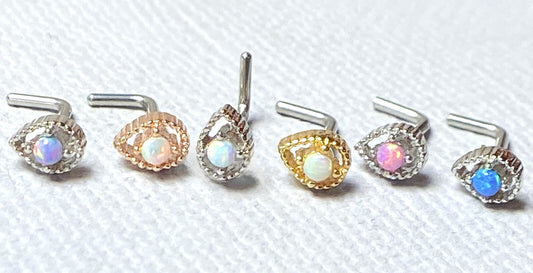 1pc Tear Drop w/ Opal Center 20g L-Bend Nose Ring Stud Screw 316L Surgical Steel