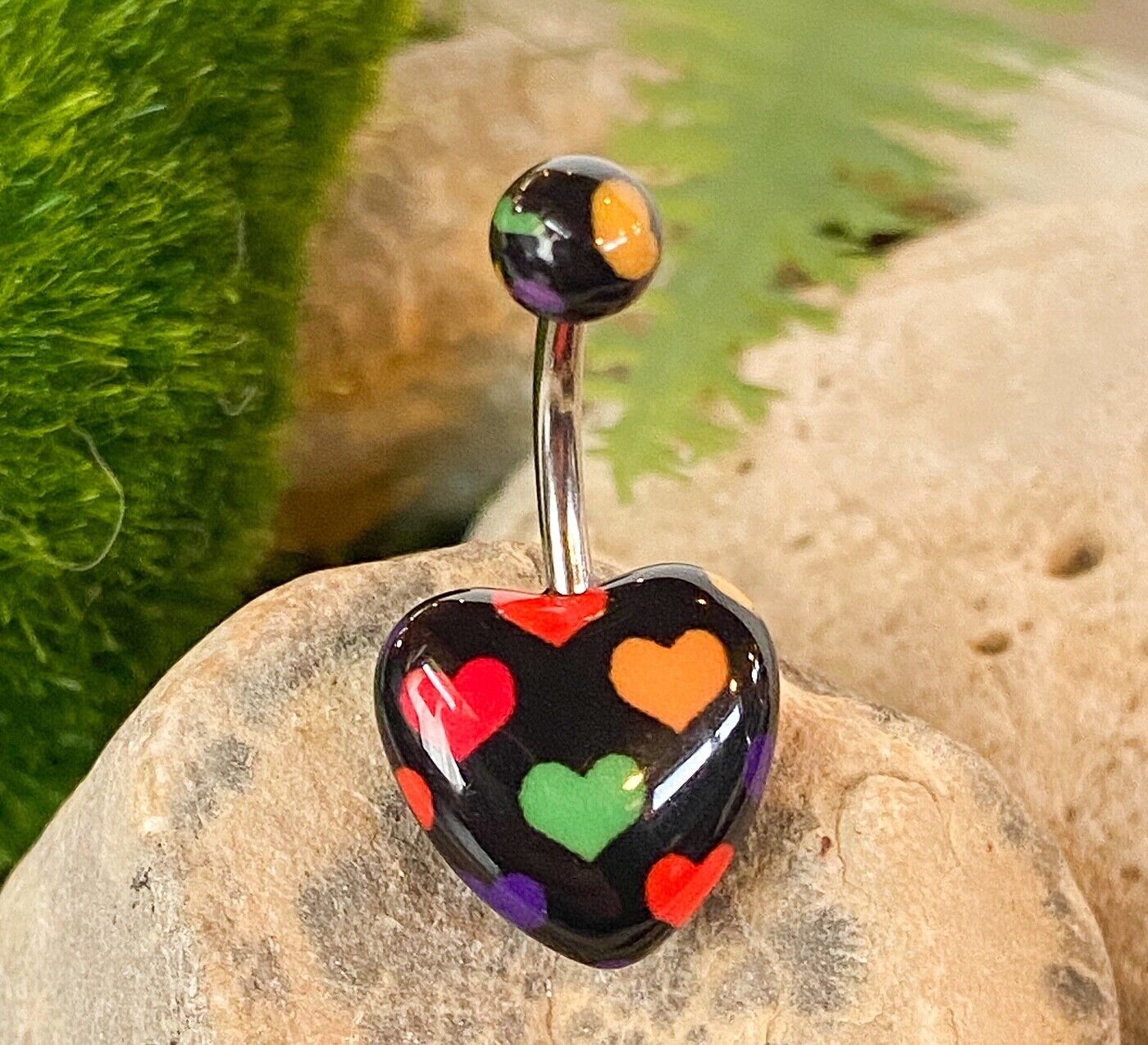 Acrylic Heart Belly Ring Navel Naval Print Black,White, Pink, Blue Stars Cherry
