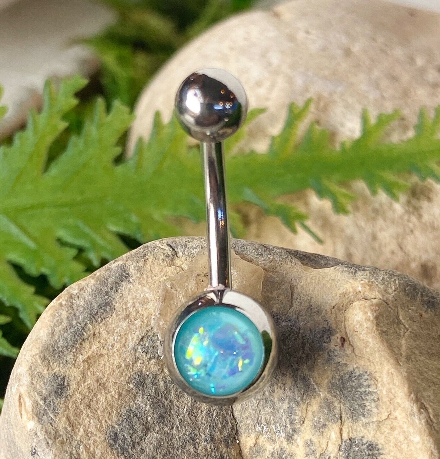 Solitaire Opal Glitter Gem Belly Ring 316L Surgical Steel Navel Naval