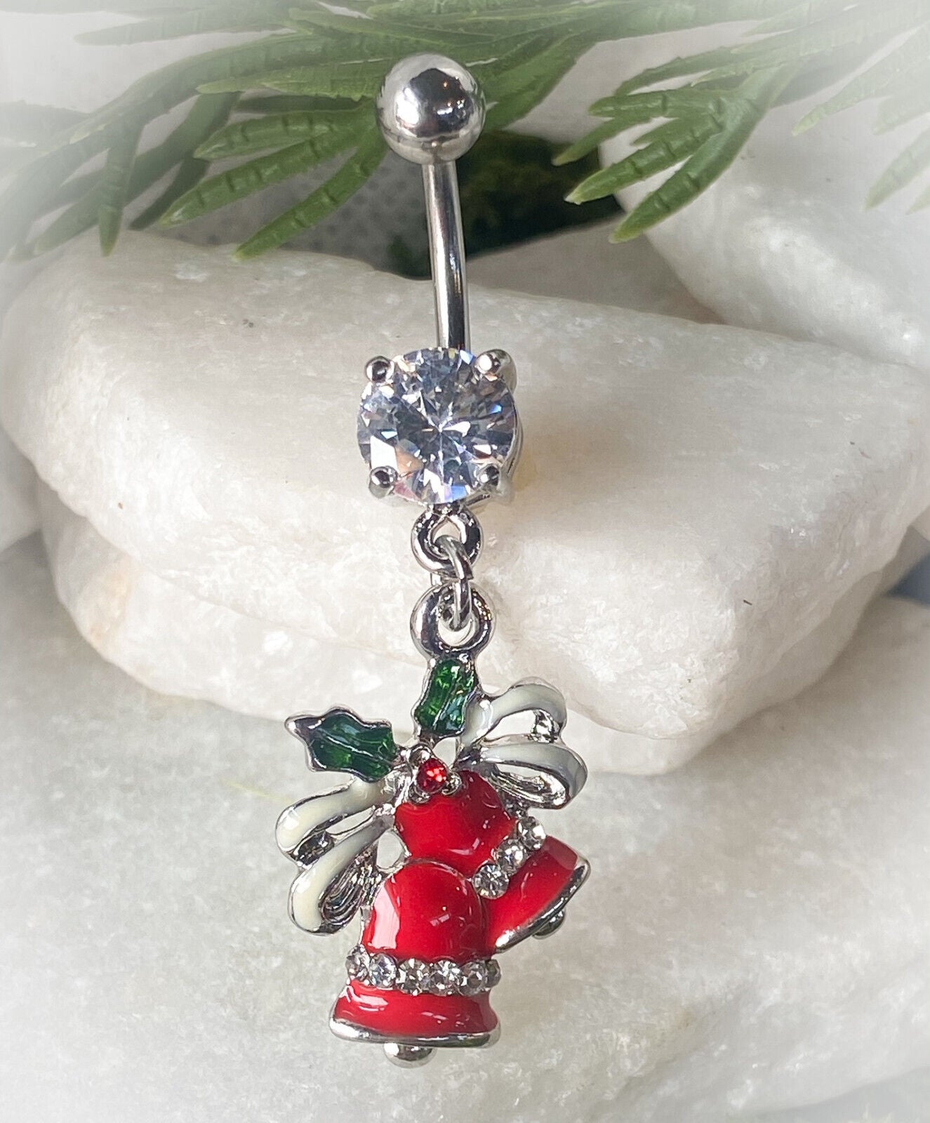 Christmas Dangle Belly Ring Pierced Navel Holiday Surgical Steel 14k Gold IP