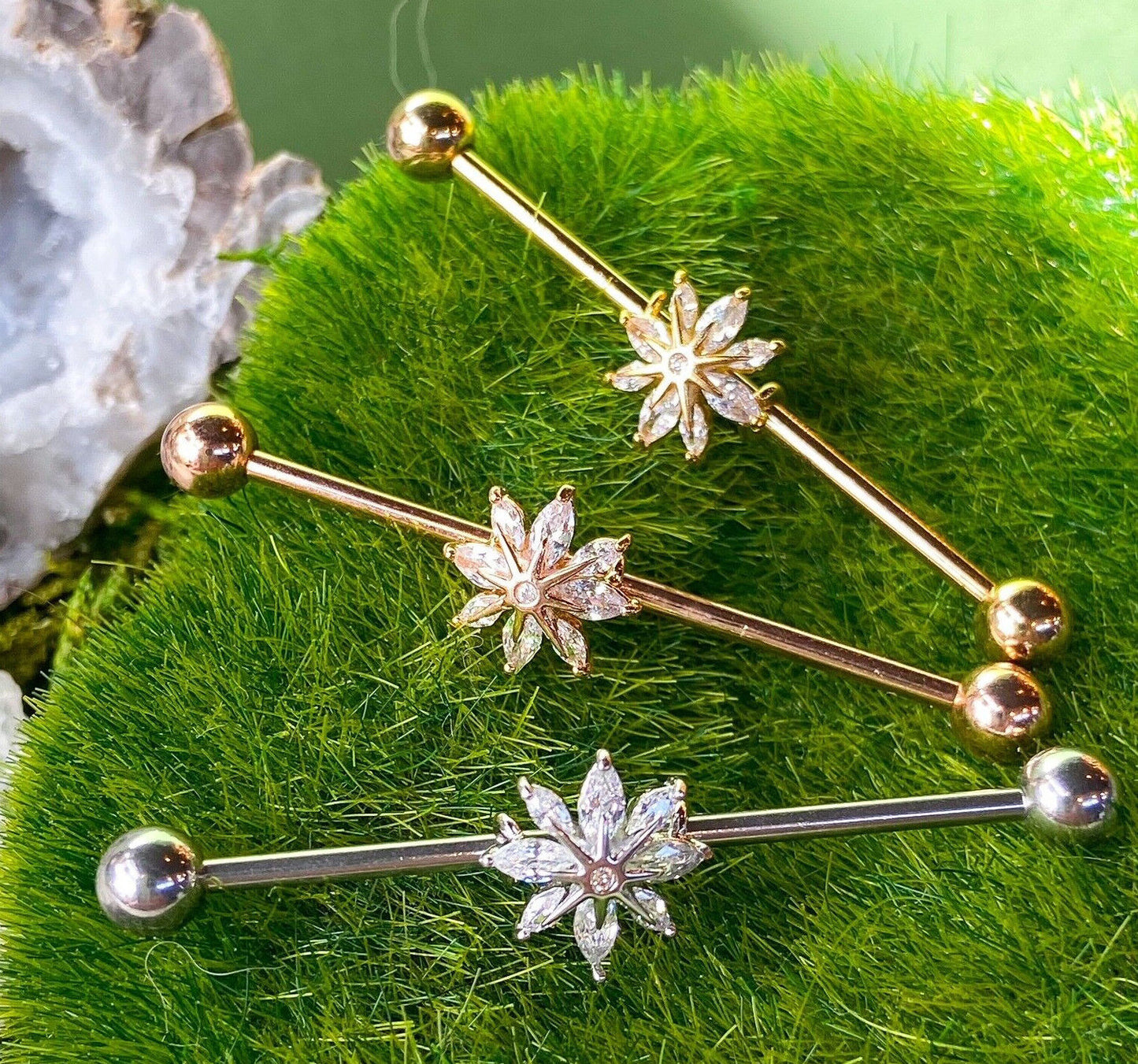 1pc Marquise CZ Gem Snowflake Industrial Barbell 38mm, 1.5", 1 & 1/2 inch inches