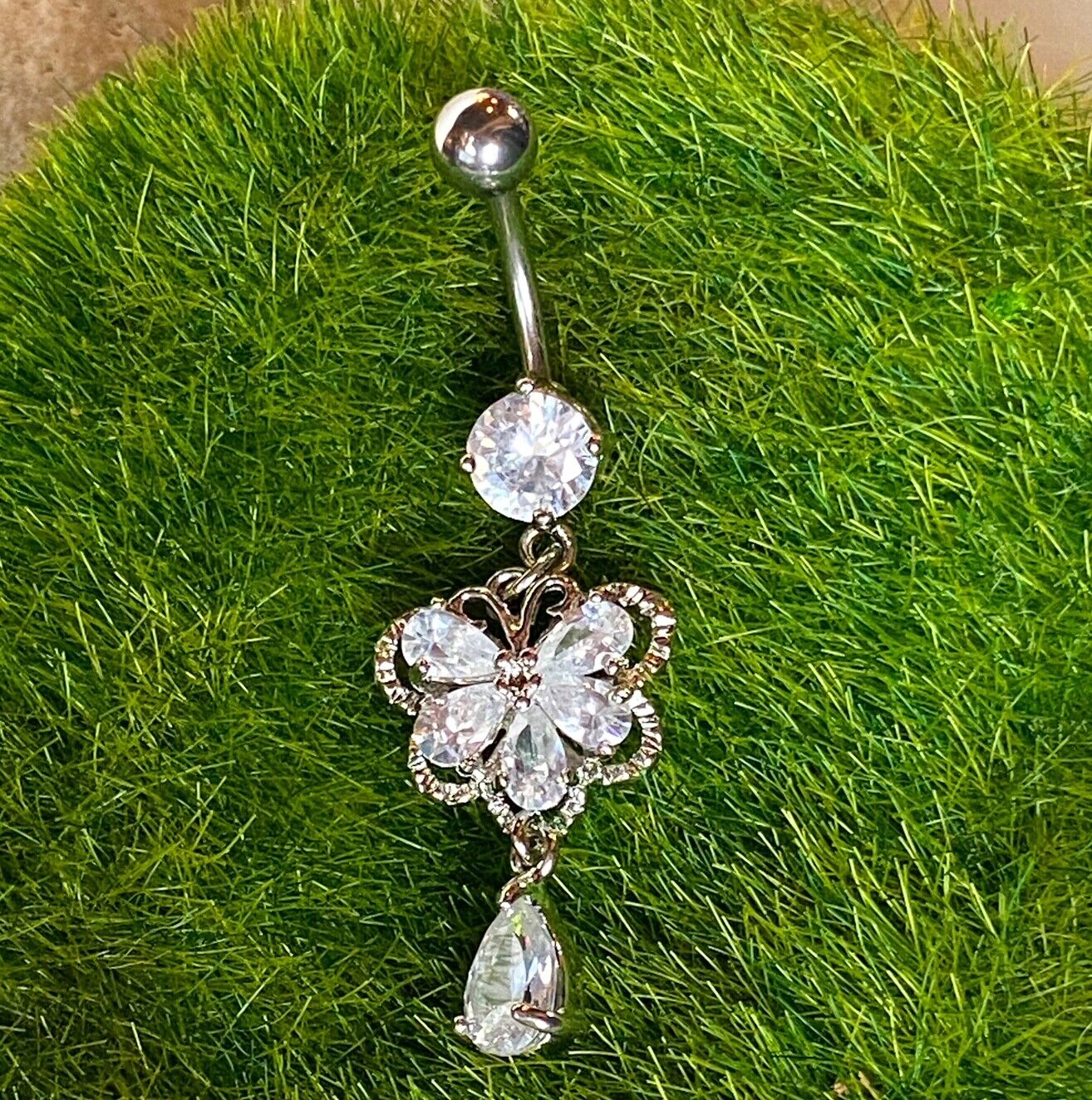 Butterfly CZ Gem Belly Ring Navel Naval Teardrop Dangle Clear, Mulitcolor