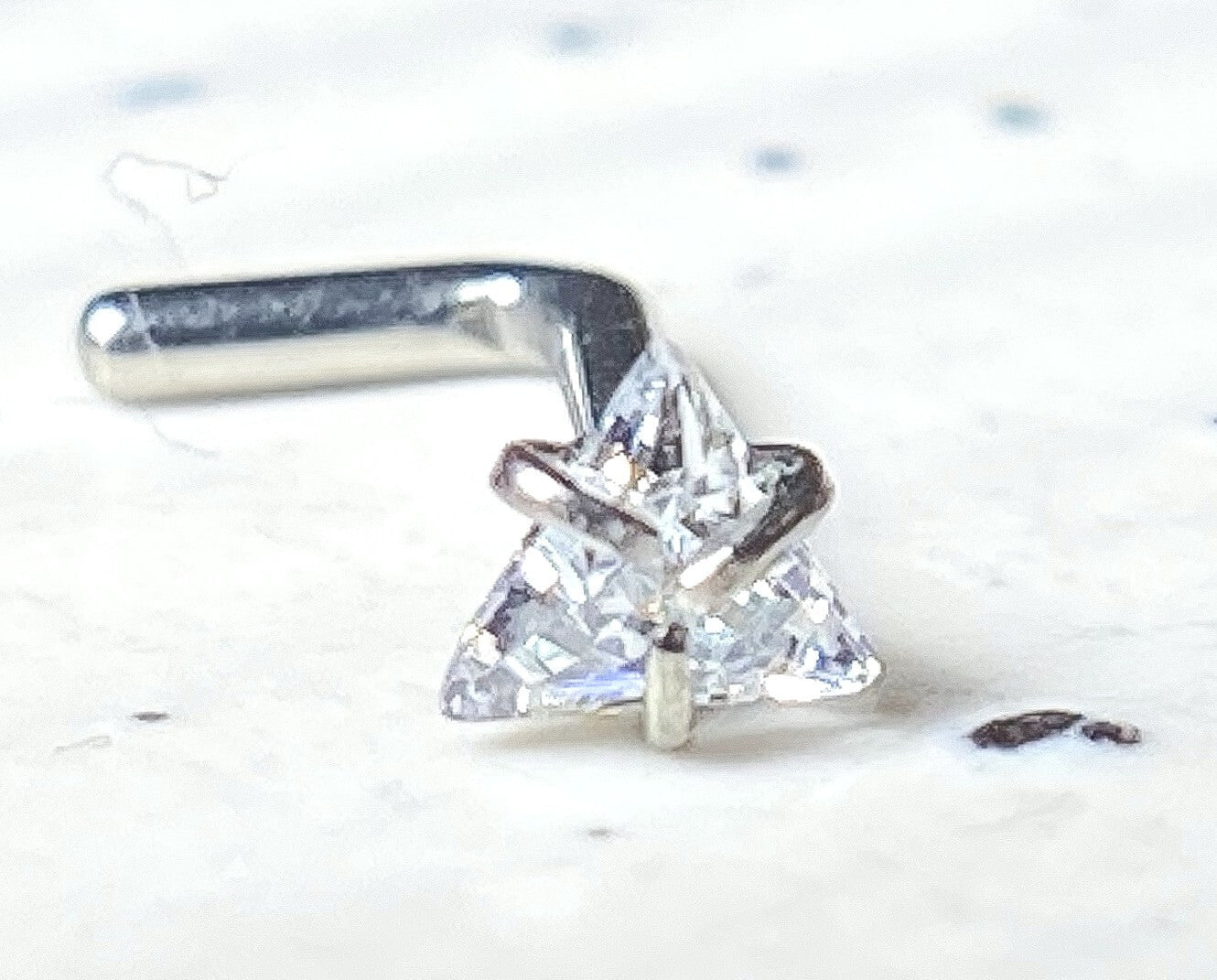 1pc Solid Grade 23 Titanium L-Bend Nose Ring w/ Triangle CZ Gem Stud Screw