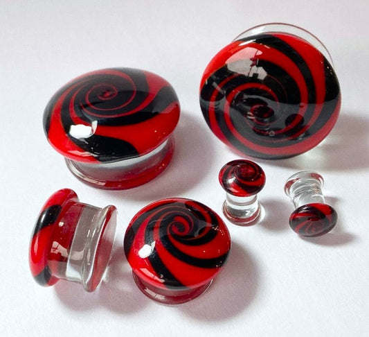 PAIR Red & Black Hypnotic Swirl Glass Double Flare Plugs Tunnels Gauges