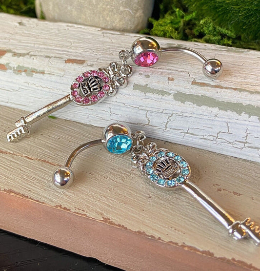 Juicy Key Dangle CZ Gem Belly Ring Navel Naval Clear, Pink, Aqua