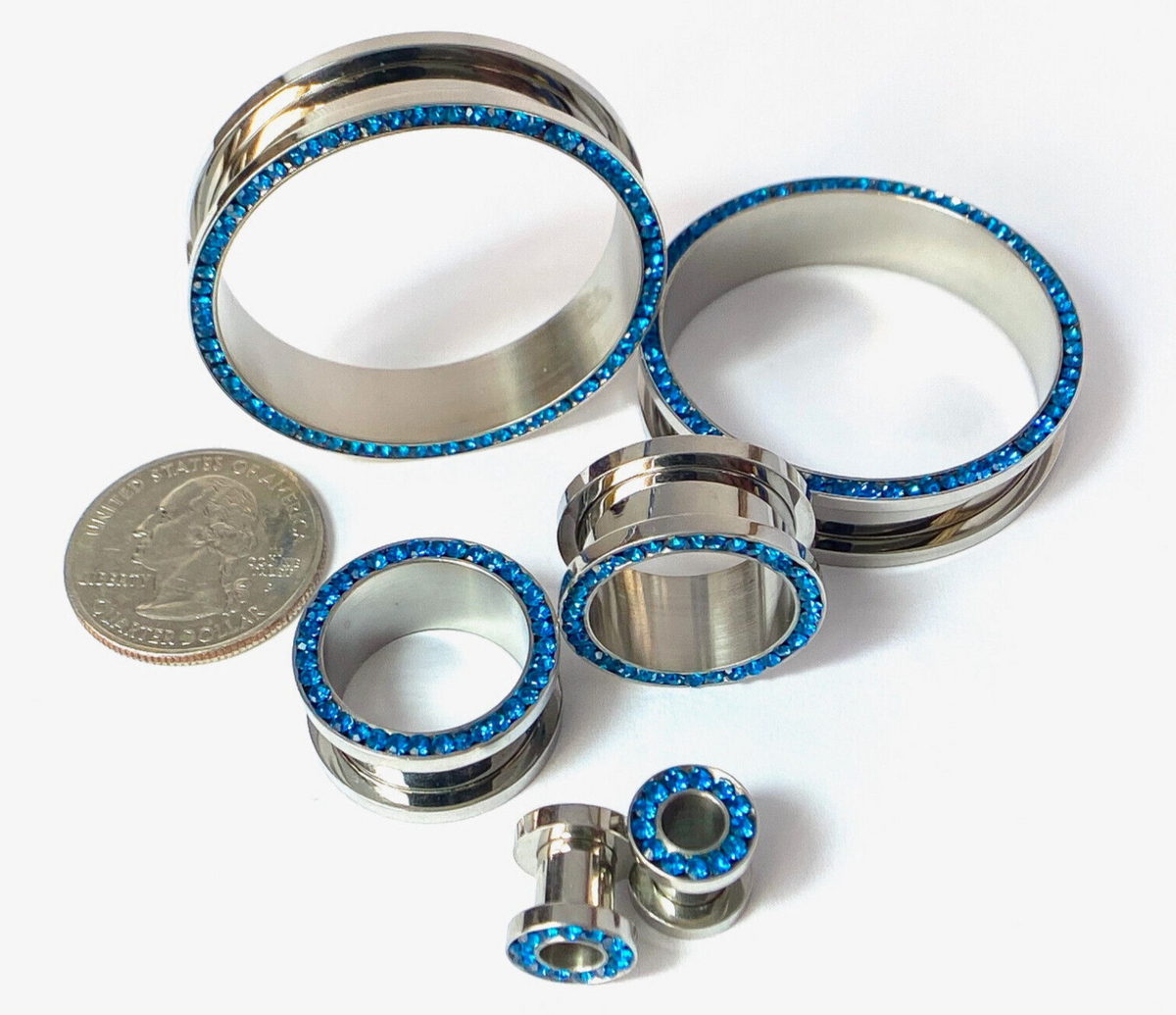 PAIR Sapphire Blue Gem Rimmed 316L Surgical Steel Screw Fit Tunnels Plugs Gauges