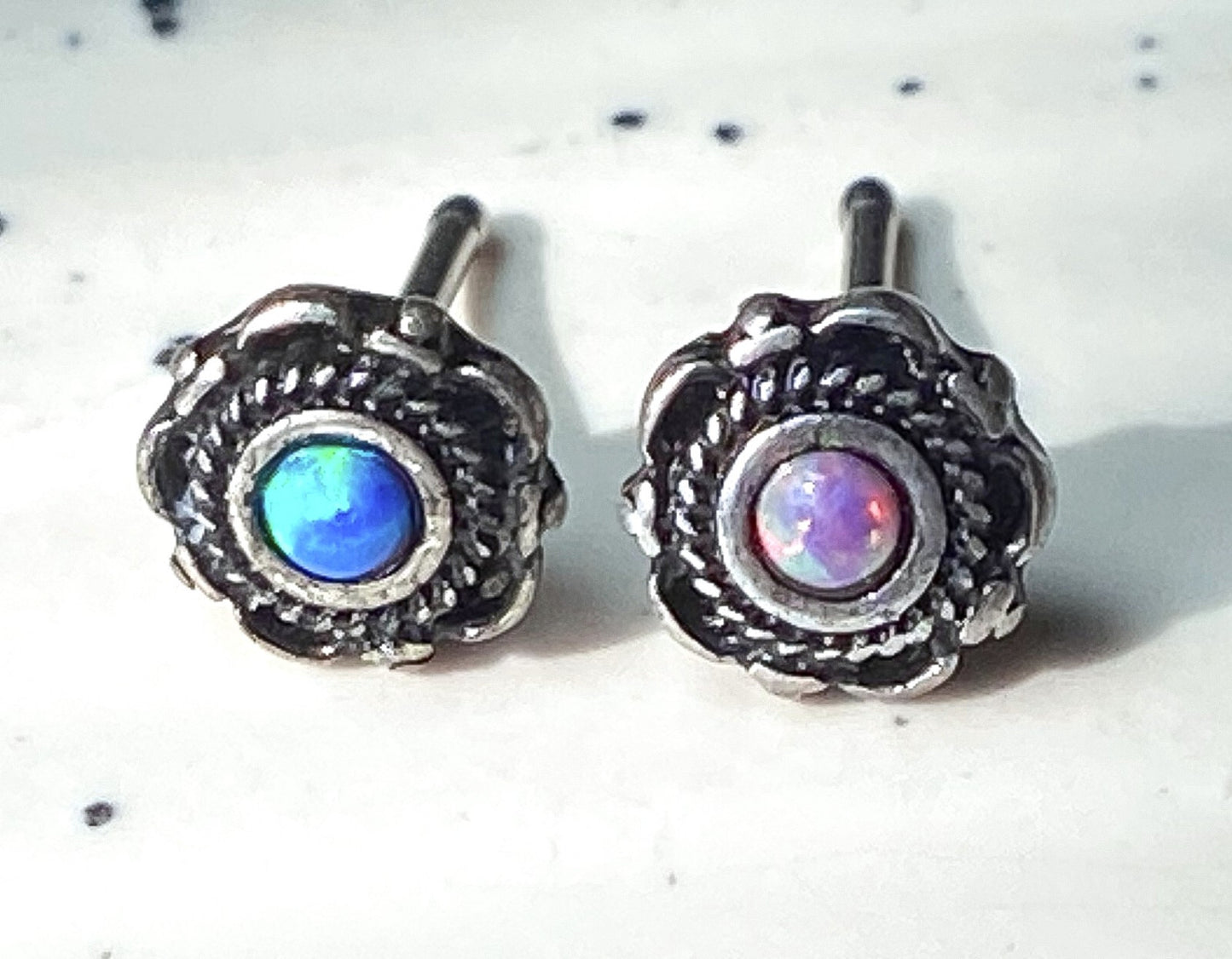1pc Opal Centered Floral Design Antique Gold or Silver Plated 20g Nose Ring Stud