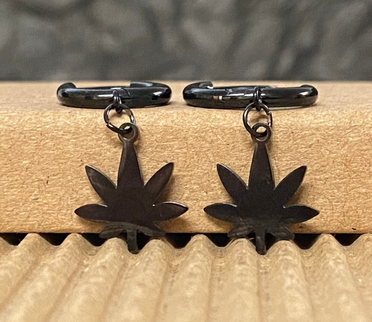 PAIR of Pot Leaf Dangle Hinged Hoop Earrings Huggies 18g 316L Stainless Steel
