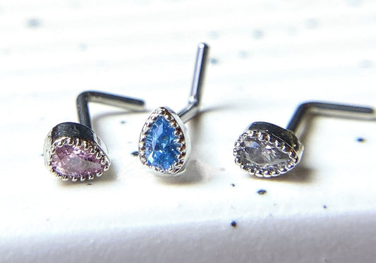 1pc CZ Gem Set Teardrop L-Bend 20g Nose Ring Stud Screw 316L Surgical Steel