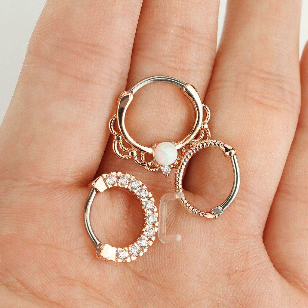 3pc Value Pack: 16g Opal / CZ Gem / Rope Septum Clicker Rings, w/free Retainer!