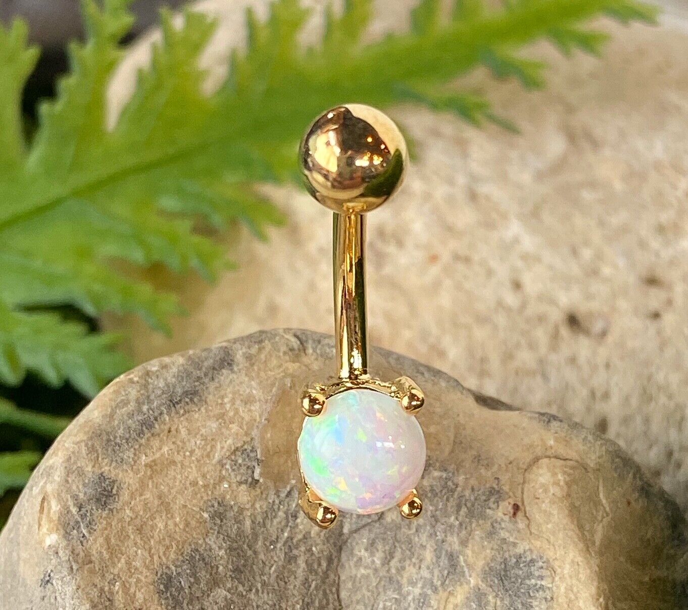 Solitaire Opal Stone Belly Ring Pierced Navel Rose Gold, Blue, Green, Pink