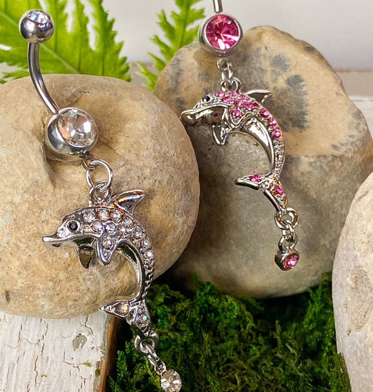 Dolphin Dangle Belly Ring Paved W/ Multi CZ Gems Pierced Navel Naval 14g