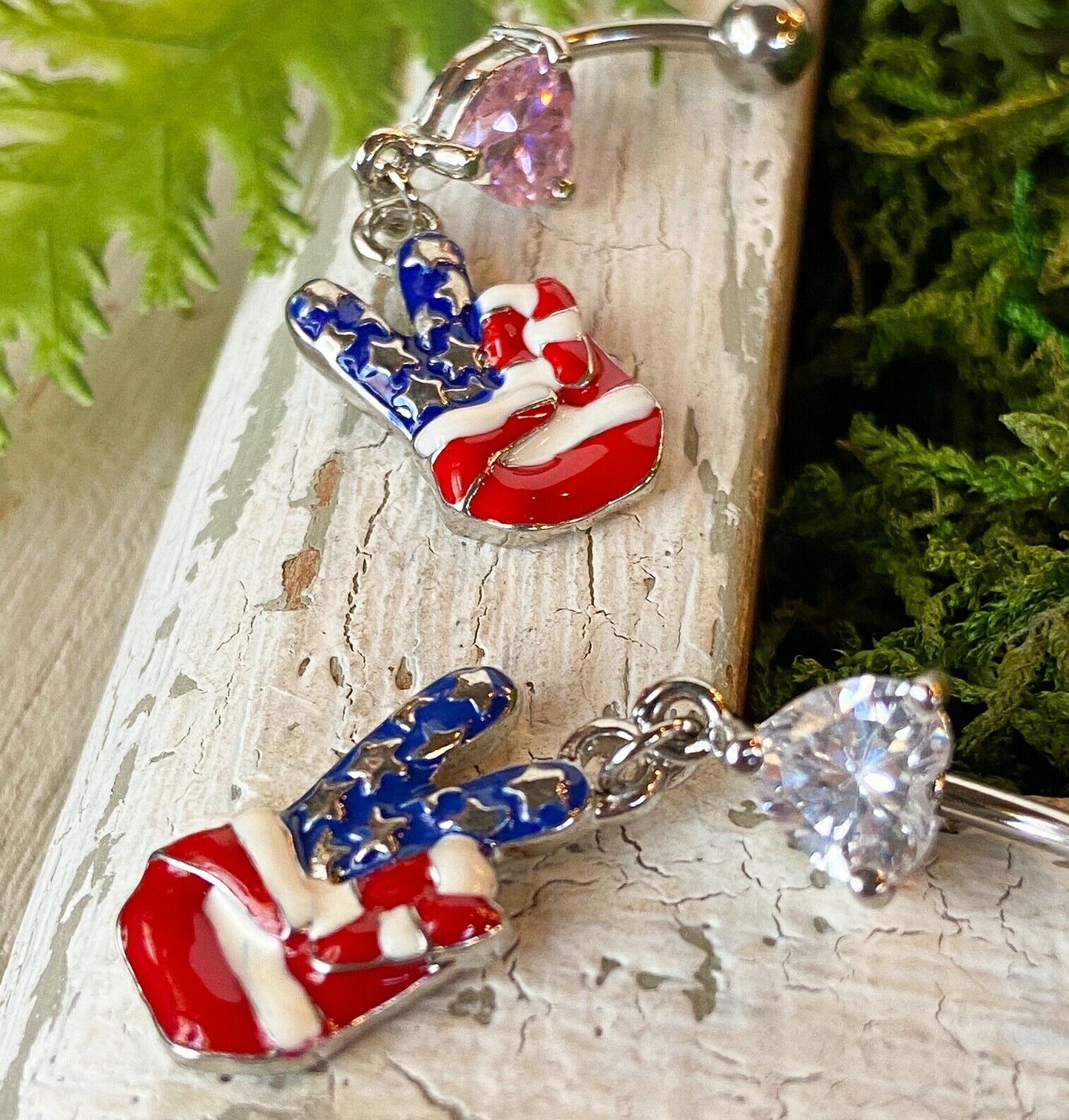 Fingers Peace Sign American Flag Heart Gem Belly Ring Navel Piercing Naval