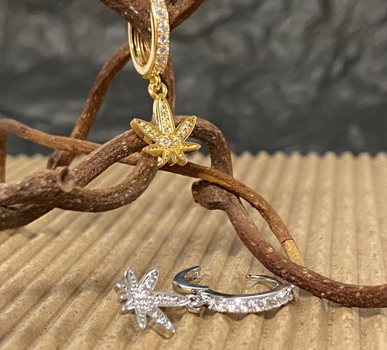 PAIR of CZ Gem Paved Pot Leaf Hinged Hoop Earrings Huggies 18g