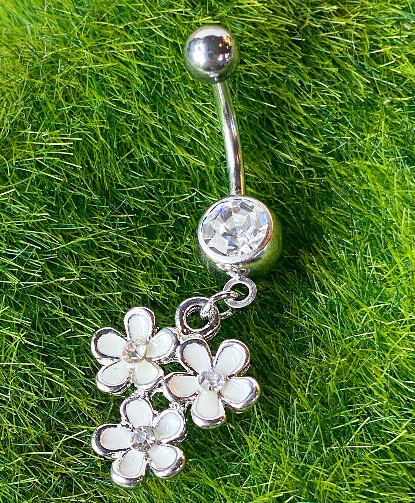 Triple Epoxy Flower CZ Gem Dangle Belly Ring Pierced Navel Pink, White