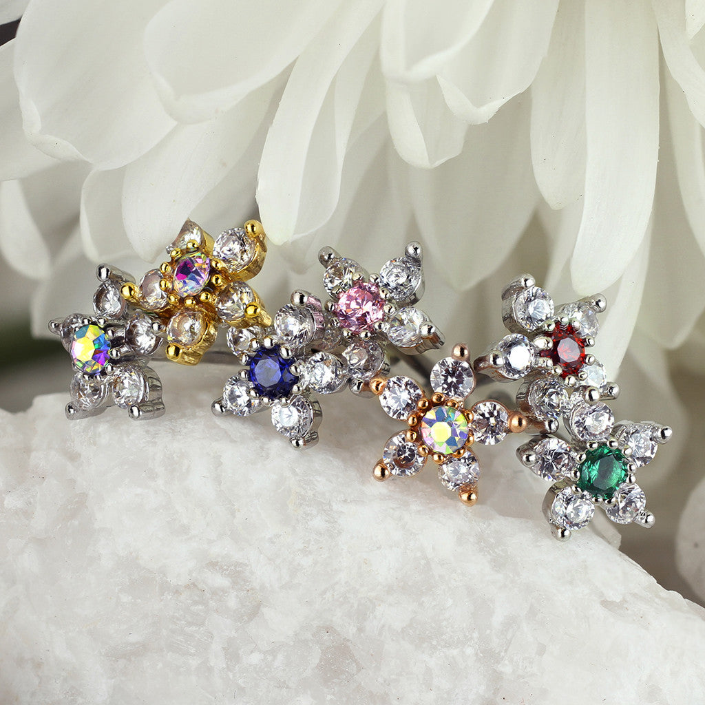 1pc Six CZ Gem Paved Flower Top 20g Nose Ring Stud 316L Surgical Steel