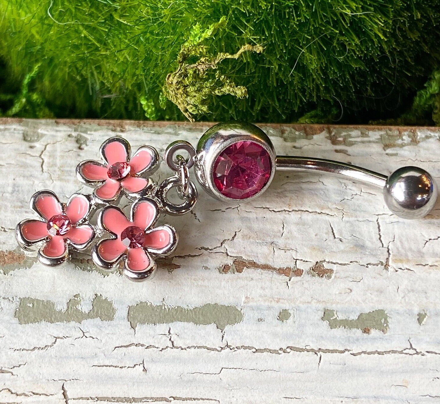 Triple Epoxy Flower CZ Gem Dangle Belly Ring Pierced Navel Pink, White