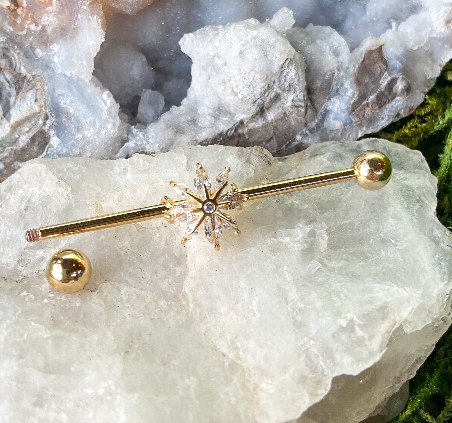 1pc Marquise CZ Gem Snowflake Industrial Barbell 38mm, 1.5", 1 & 1/2 inch inches