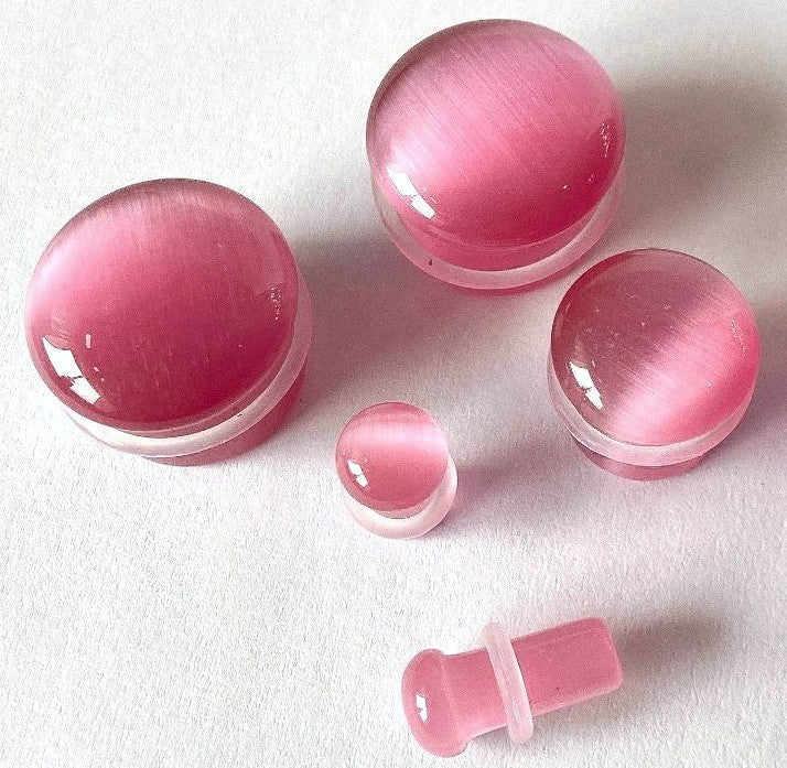 PAIR Pink Cat Eye Stone Plugs Single Flare Tunnels Earlets Gauges Body Jewelry