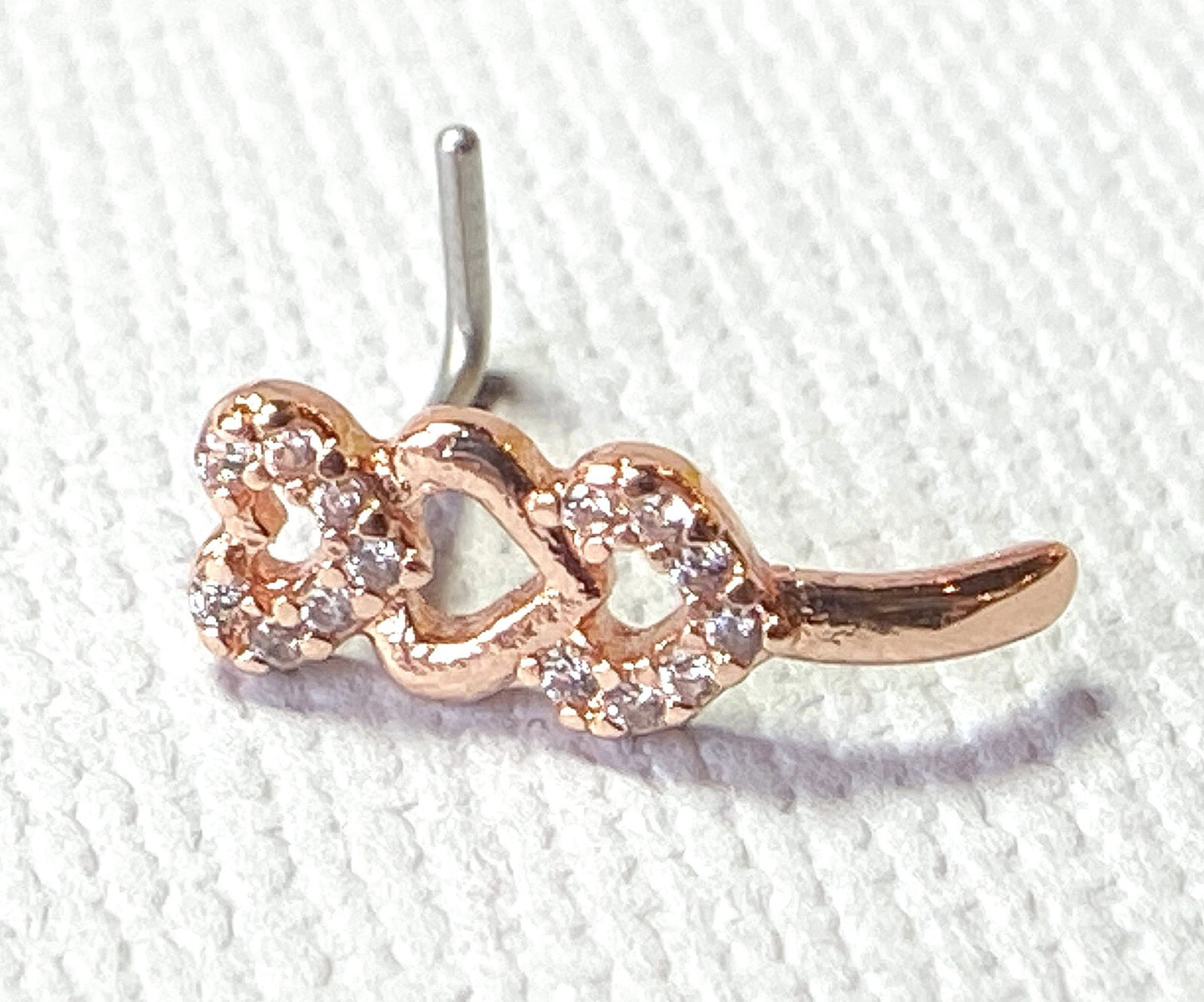 1pc CZ Gem Paved Triple Heart Nose Crawler L-Bend 20g Nose Ring Stud Screw