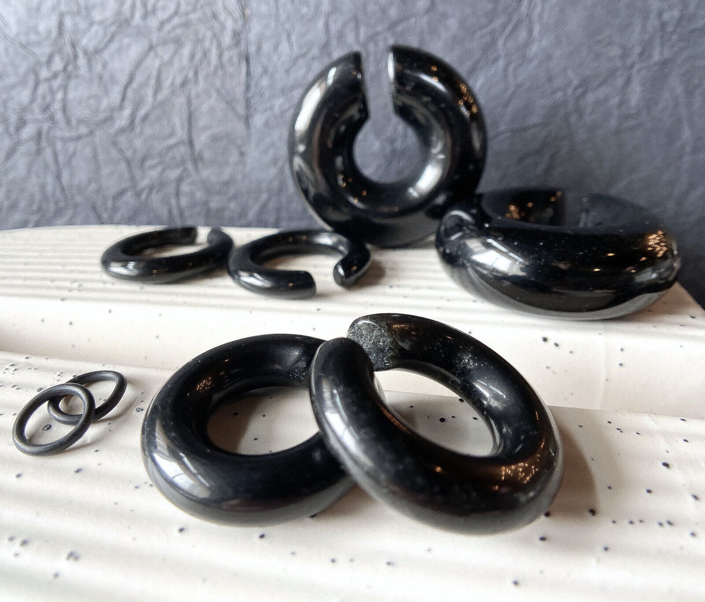 PAIR Black Onyx Stone Hoops Hanger Ear Weight Plug Gauge Tunnel Organic Earrings
