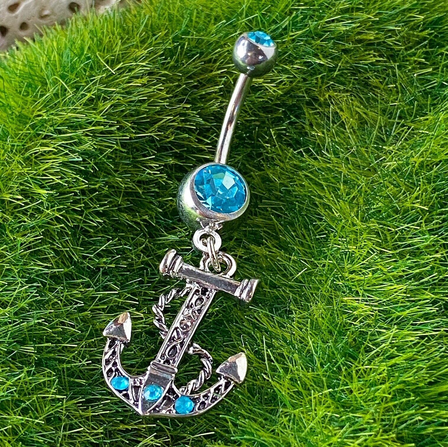 Anchor Dangle Belly Ring Pierced Navel Ship Nautical CZ Gem Clear, Pink, Aqua