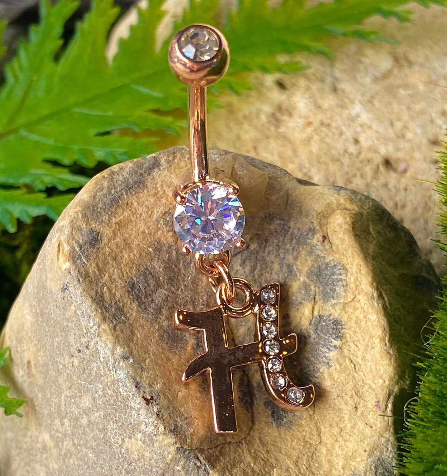 14kt Rose Gold Plated Initial Dangle Belly Ring Pierced Navel Naval Letter