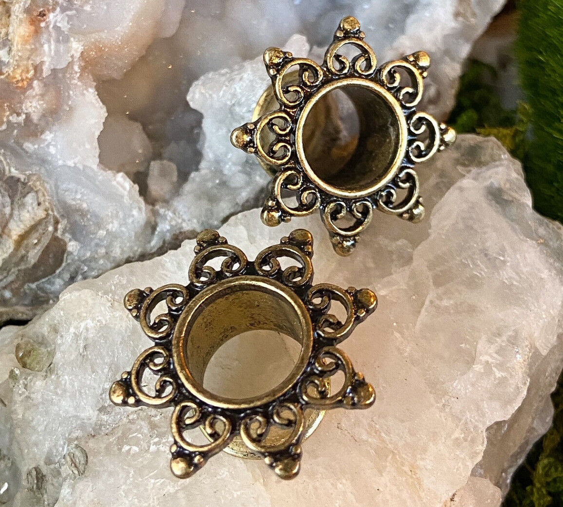 PAIR Antique Gold IP Tribal Sun Design Tunnels Plugs Earlets Gauges Body Jewelry