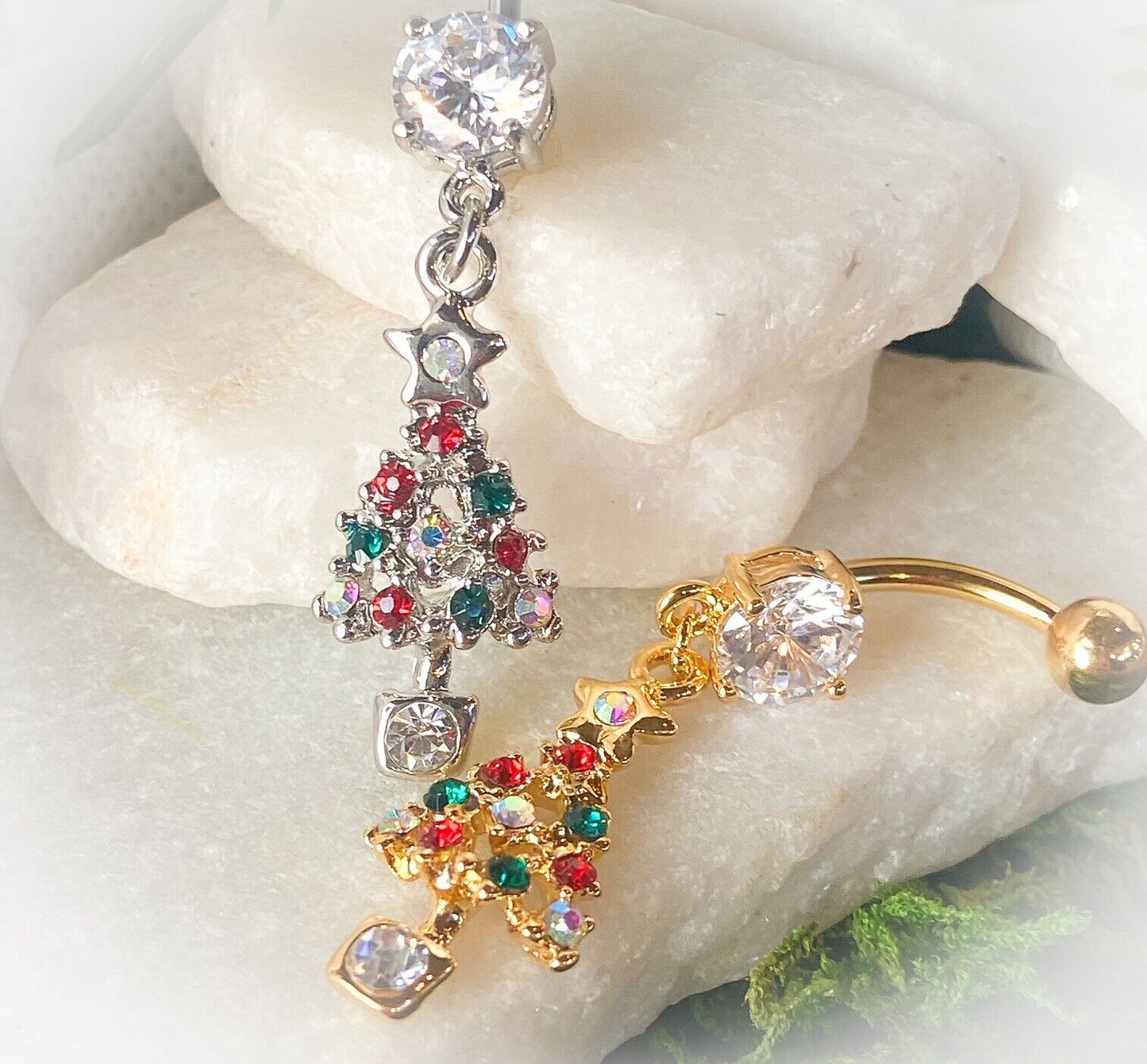 Christmas Dangle Belly Ring Pierced Navel Holiday Surgical Steel 14k Gold IP