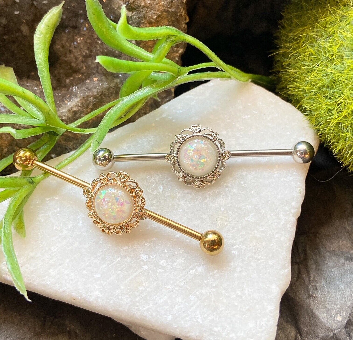 1pc Opal Glitter Lacey Filigree Edge Industrial Barbell - choose Steel or Gold