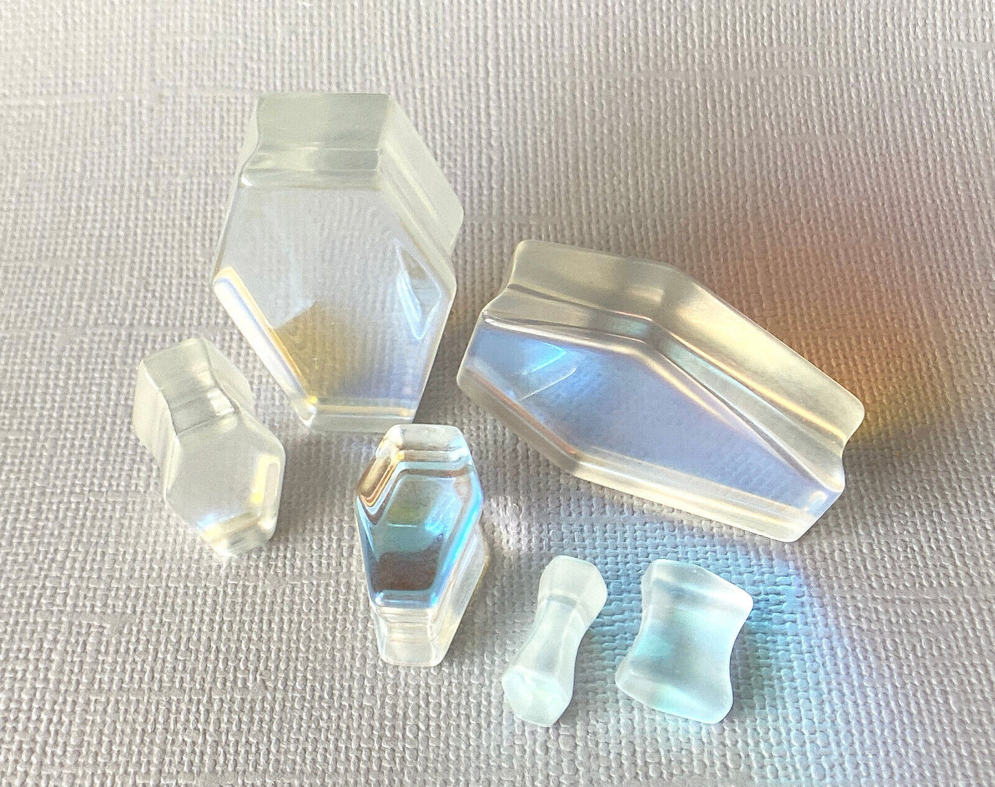 PAIR Luminous Moonstone Iridescent Glass Coffin Shaped Plugs Gauges Tunnels