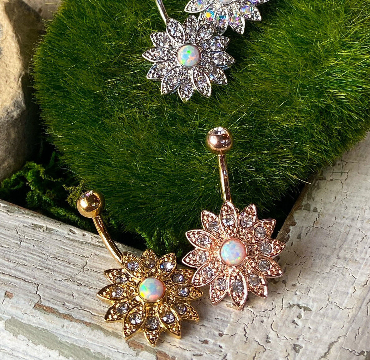 Paved Gems Flower Opal Belly Button Ring Pierced Navel IP 14kt Gold, Rose Gold