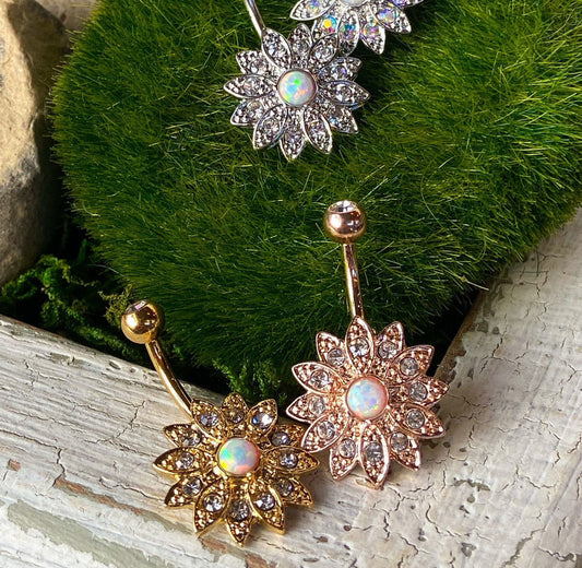 Paved Gems Flower Opal Belly Button Ring Pierced Navel IP 14kt Gold, Rose Gold