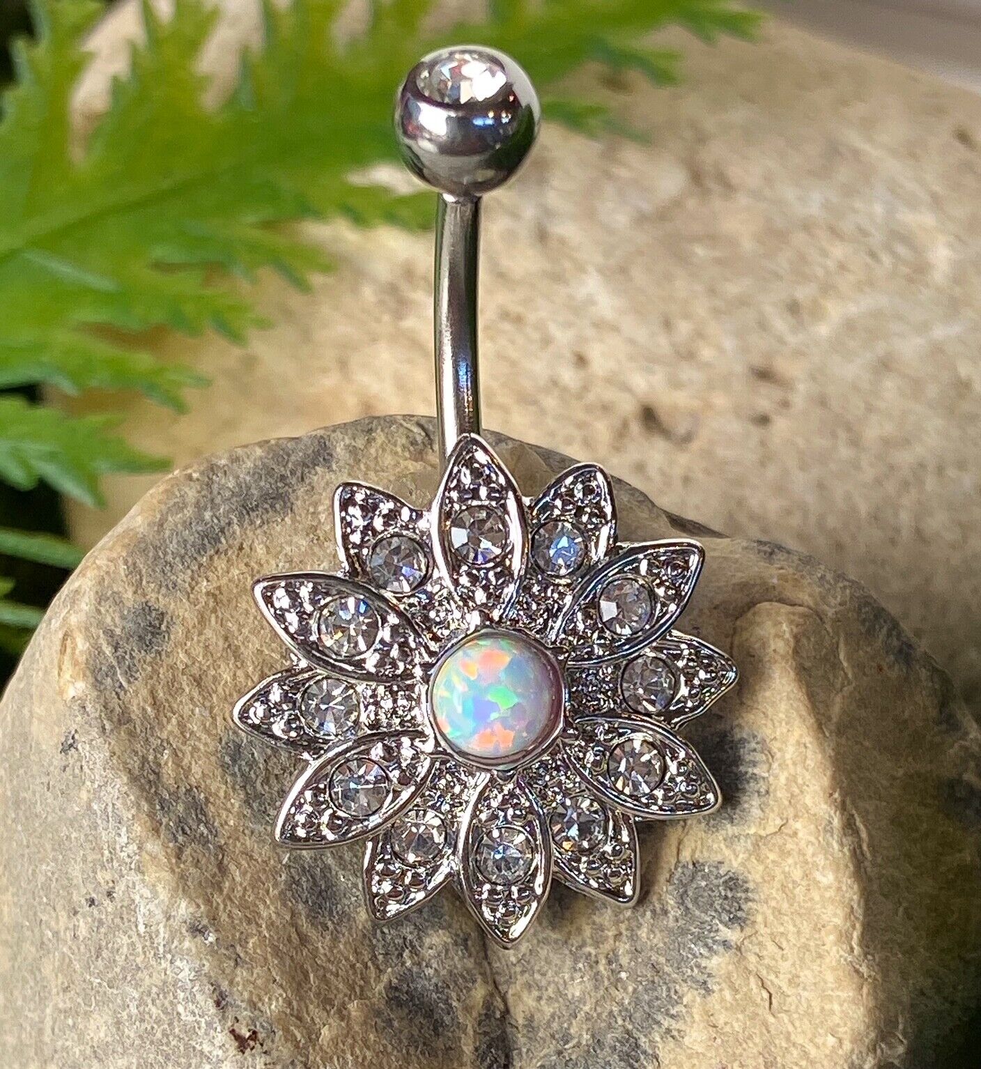 Paved Gems Flower Opal Belly Button Ring Pierced Navel IP 14kt Gold, Rose Gold