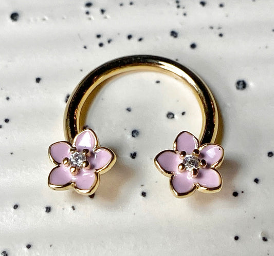 1pc Pink Enamel Flowers Gold Circular Barbell Horseshoe Lip Nipple Septum Ring
