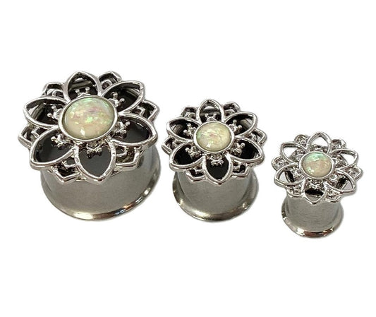 PAIR Flower w/ Opal Center Double Flare Steel Tunnels Plugs Gauges Body Jewelry