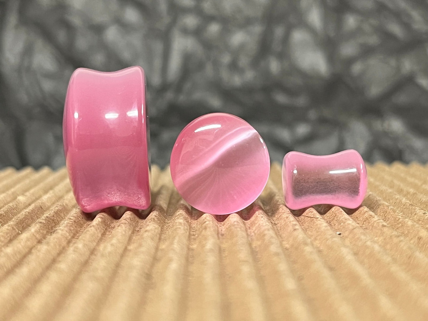PAIR  Pink Cat Eye Stone Double Flare Plugs Tunnels Earlets Gauges Body Jewelry