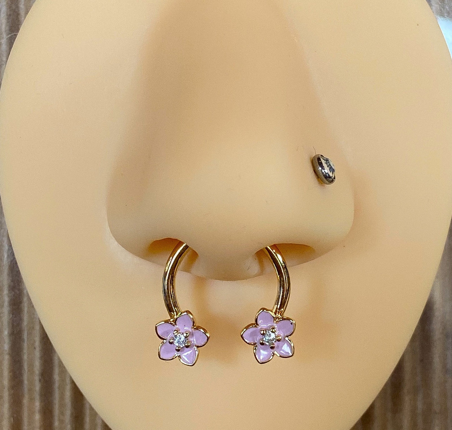 1pc Pink Enamel Flowers Gold Circular Barbell Horseshoe Lip Nipple Septum Ring