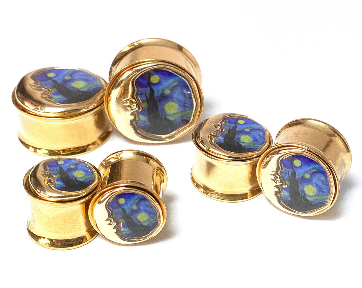 PAIR Starry Night w/ Moon Gold PVD Double Flare Tunnels Ear Plug Gauges Jewelry