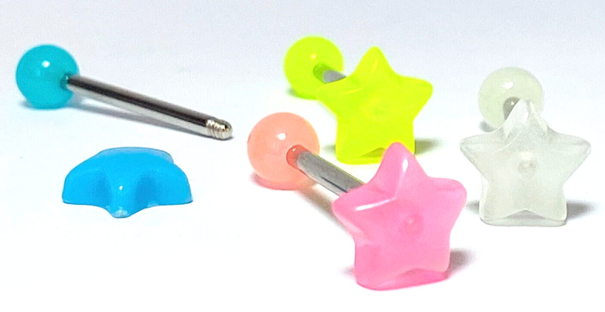 4pc Value Pack Glow in the Dark Star Steel Tongue Rings 14g Tounge Body Jewelry