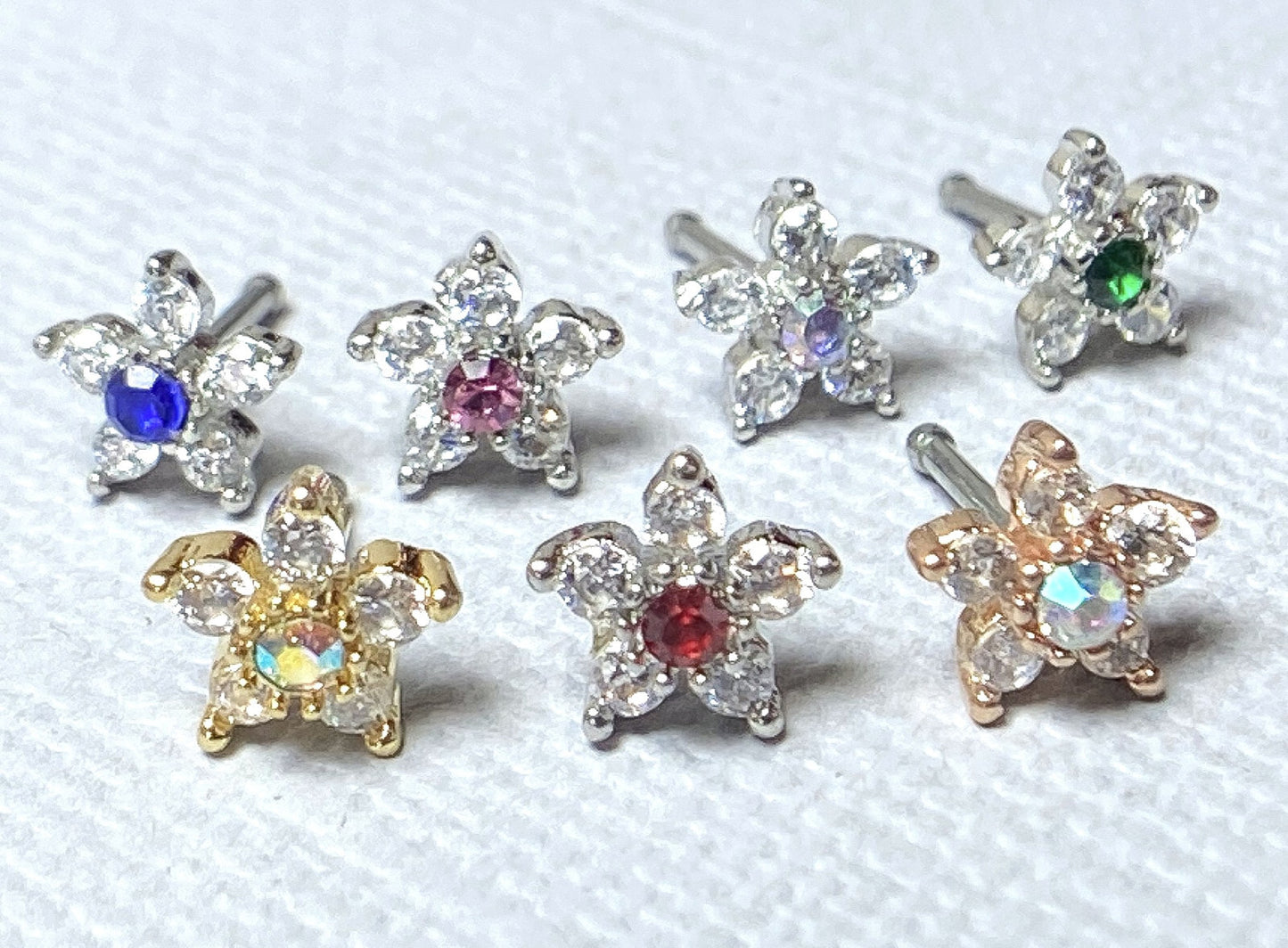 1pc Six CZ Gem Paved Flower Top 20g Nose Ring Stud 316L Surgical Steel